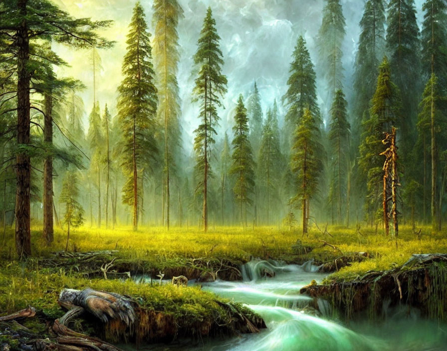 Serene forest scene with towering trees, flowing stream, and sunlight filtering through mist.