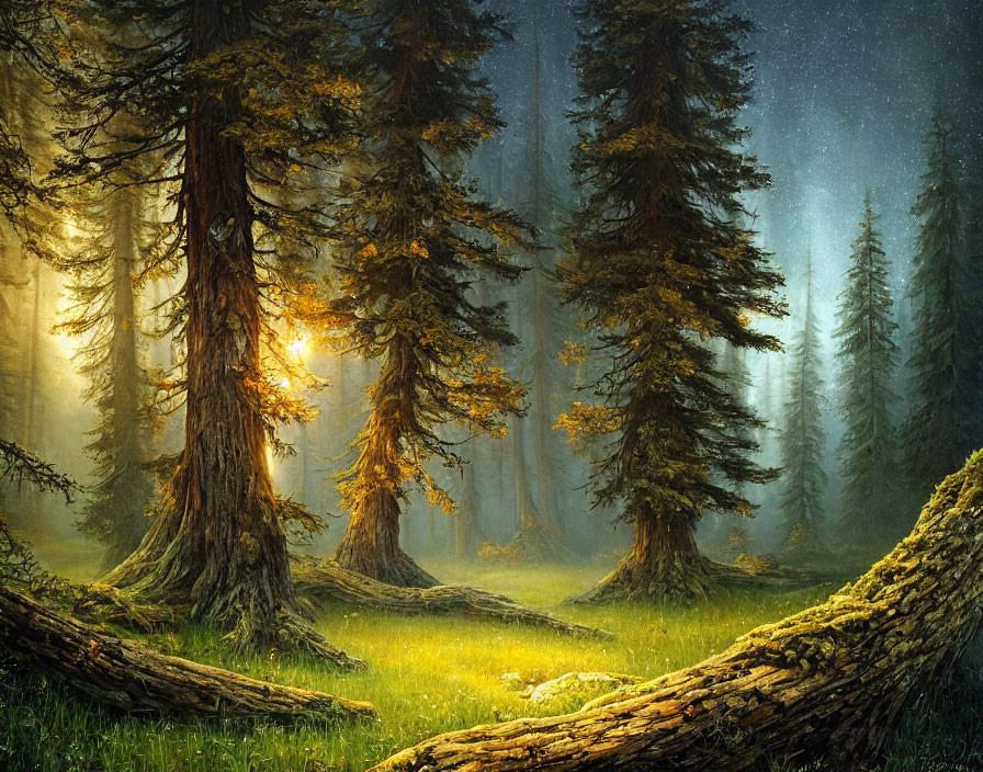 Sunlit mystical forest with ethereal fog and dense trees