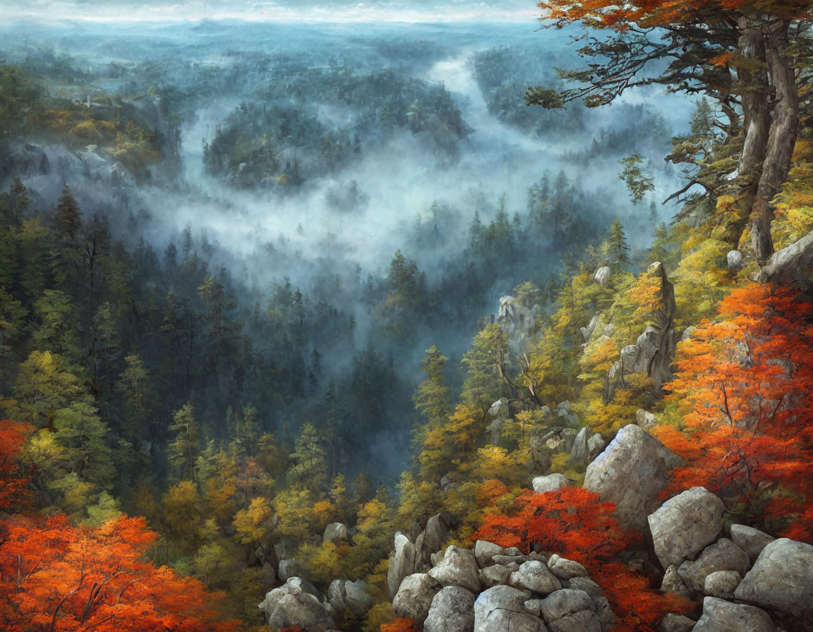 Tranquil autumn forest scene with mist, colorful trees, and rocky foreground