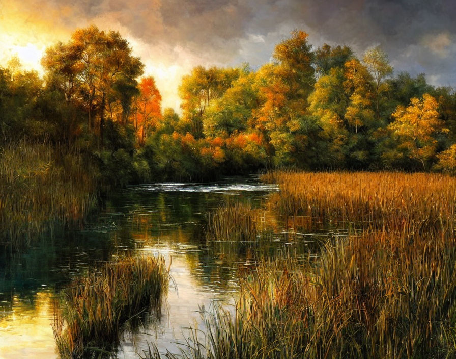 Vibrant autumn landscape with colorful trees, golden reeds, river, and glowing sky.