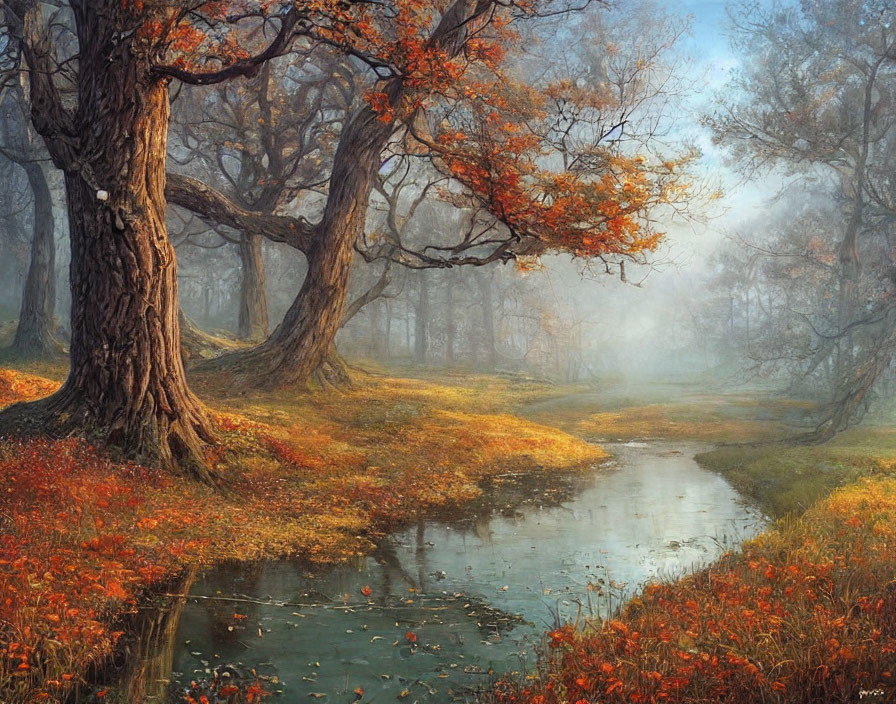 Tranquil autumn forest with meandering stream and vibrant foliage