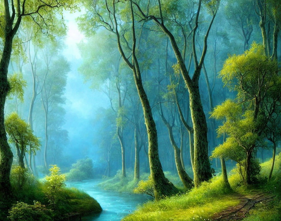 Tranquil forest scene with green trees, blue river, and misty ambiance