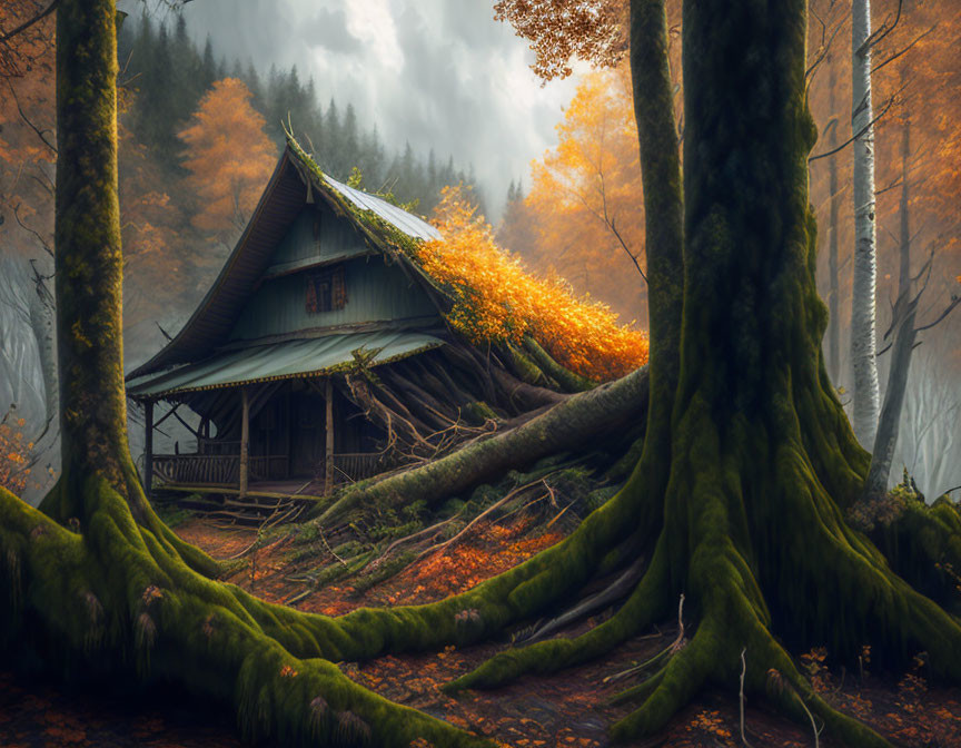 Misty forest scene with old house and autumn trees