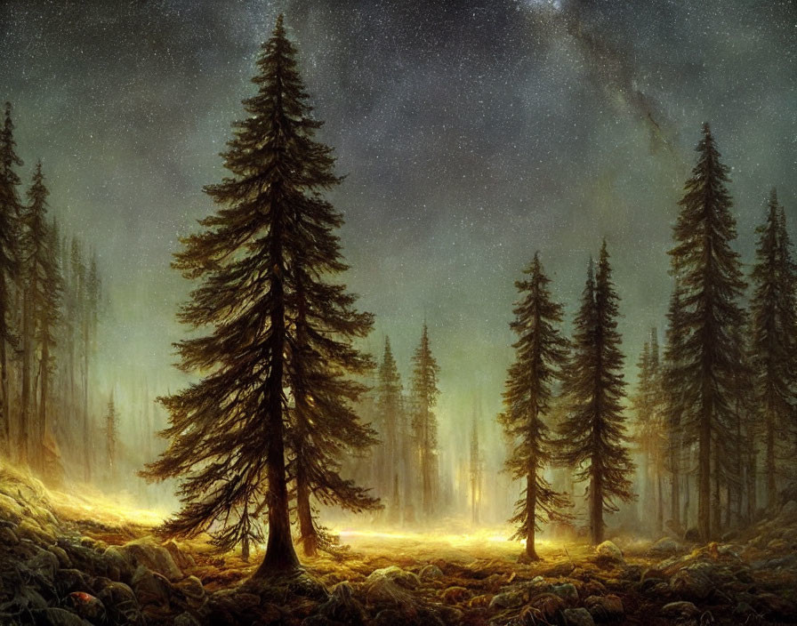 Misty forest with tall pine trees under starlit sky