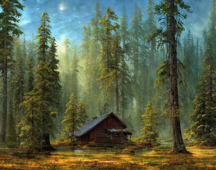 Tranquil woodland landscape with tall evergreen trees and rustic cabin