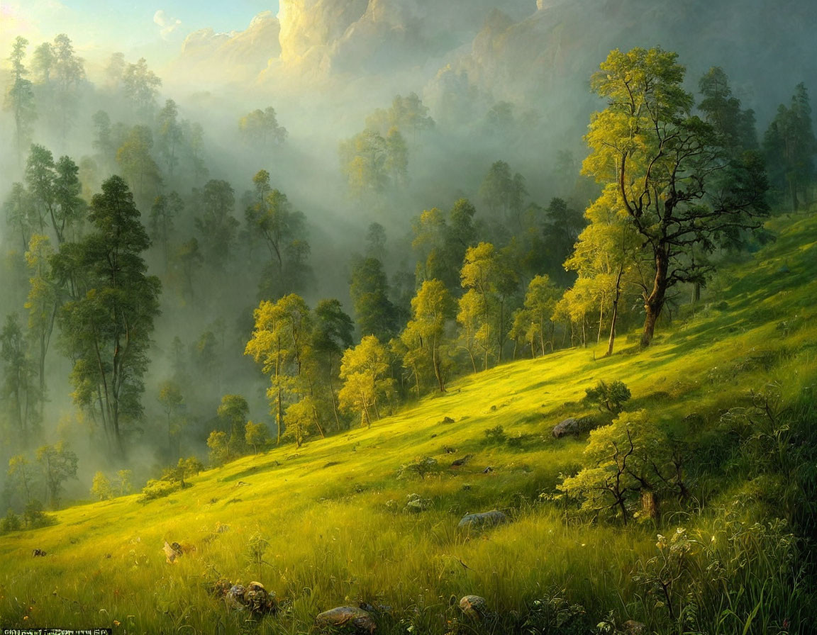 Sunlit landscape with verdant hills, towering trees, and misty mountains