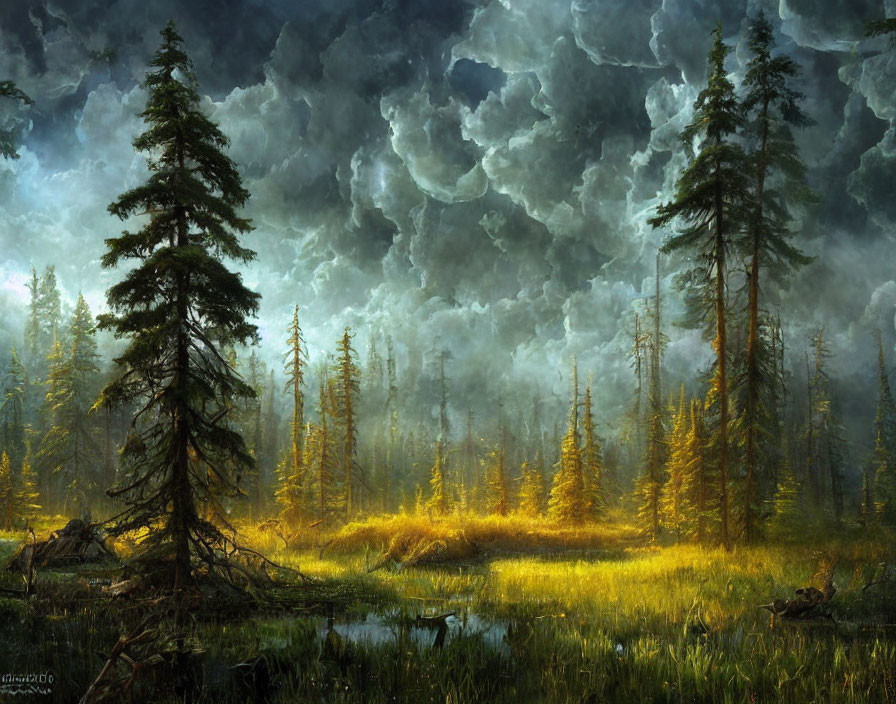 Mystical forest with towering pines under stormy sky