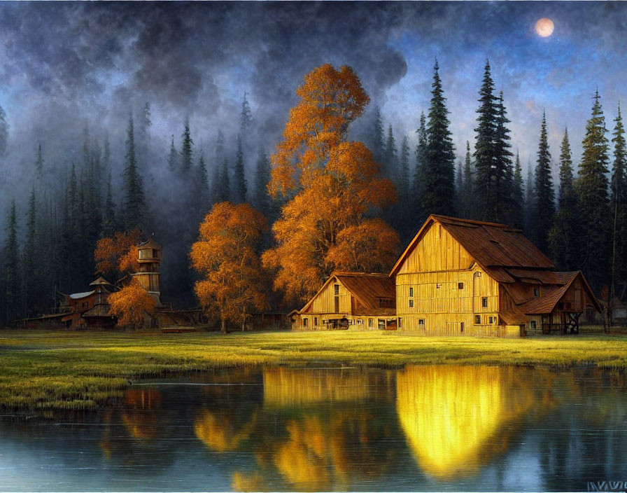 Tranquil autumn landscape with wooden house by lake and misty forest at twilight