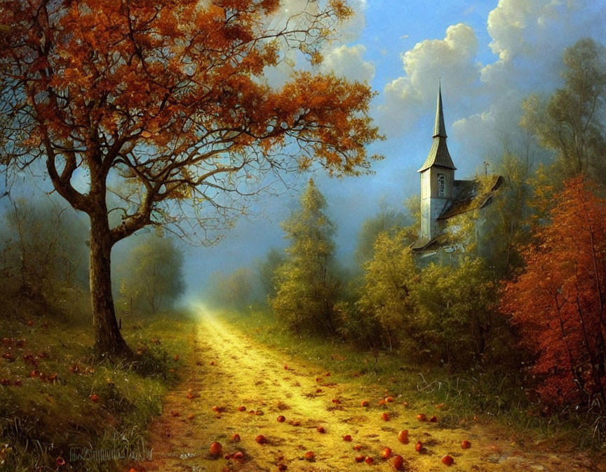 Tree-lined path in autumn with old church spire amidst misty woods