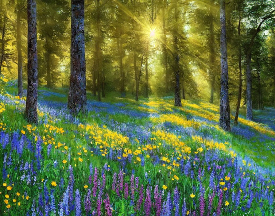 Sunlit Forest Glade with Purple and Yellow Wildflowers