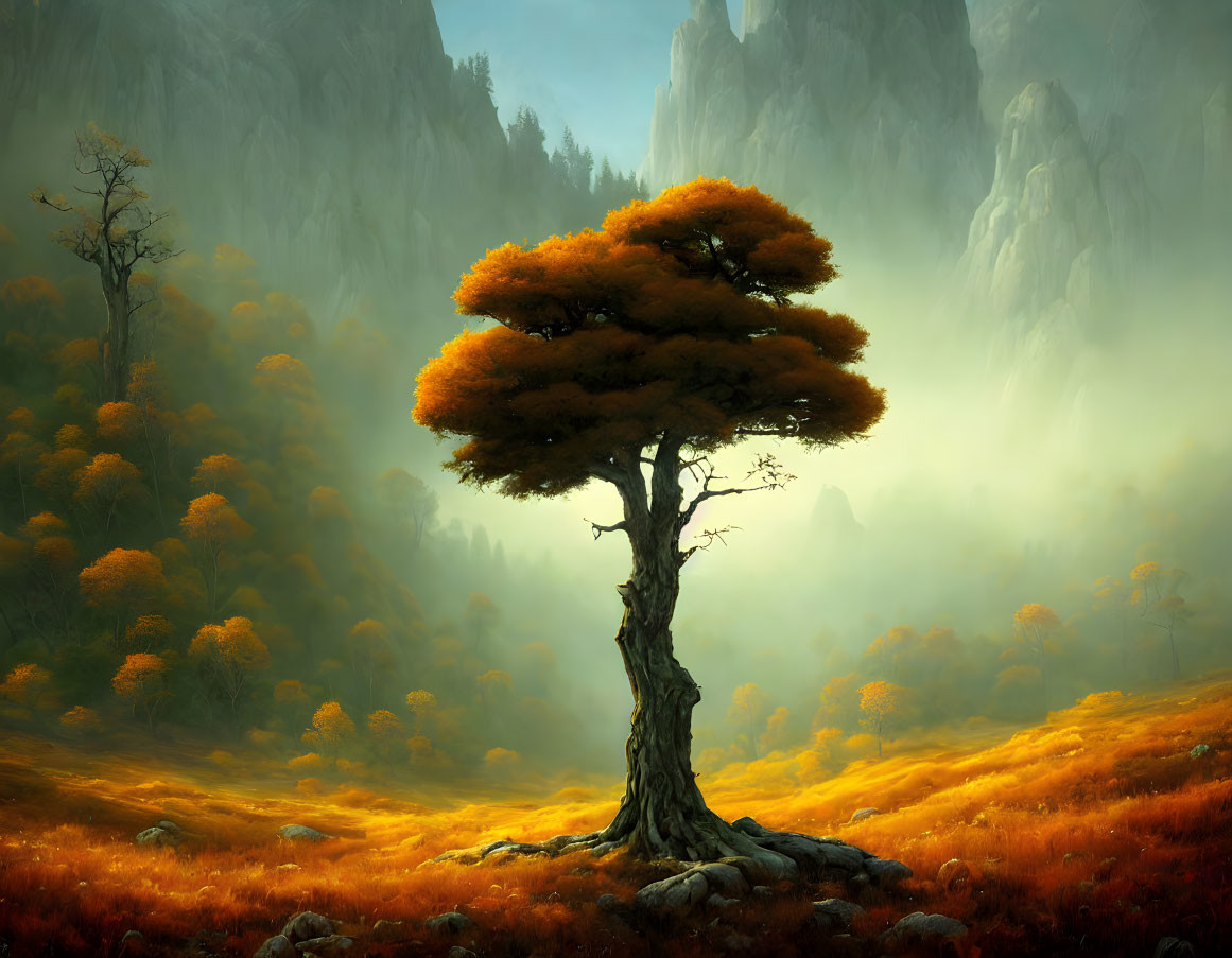 Majestic lone tree in misty forest clearing surrounded by cliffs