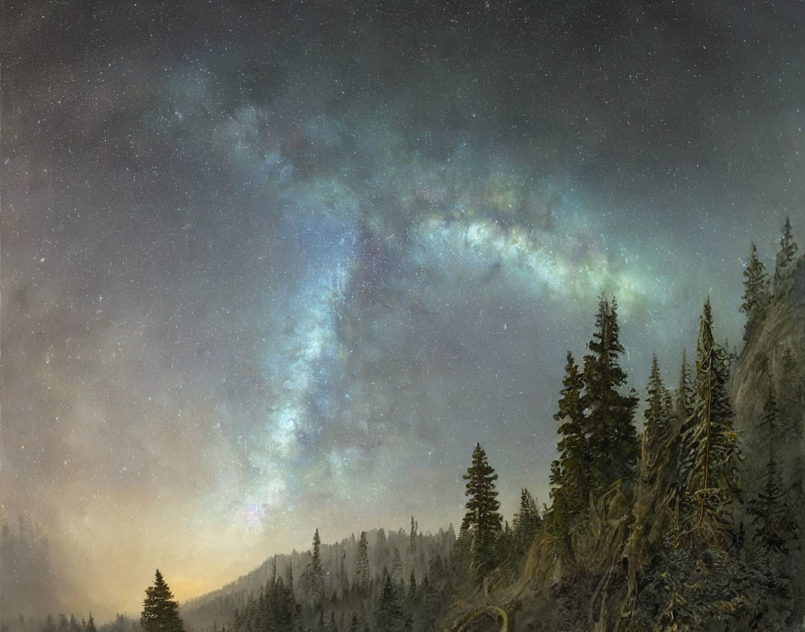 Starry Night Sky Over Dark Forest and Milky Way Galaxy