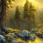 Ethereal forest scene with sunlight, gnarled tree, mossy rocks, stream