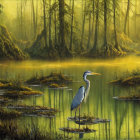 Misty swamp scene with great blue heron and moss-covered trees