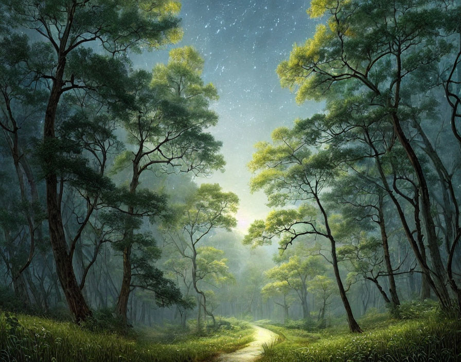 Nighttime forest scene with illuminated trees and starry sky