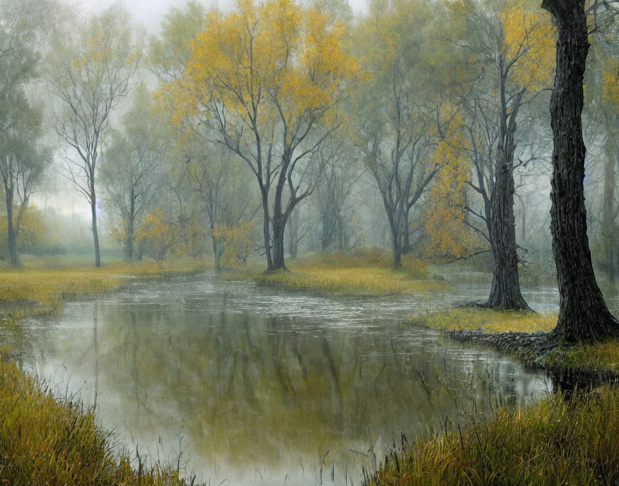 Tranquil Pond with Yellow Autumn Trees and Mist