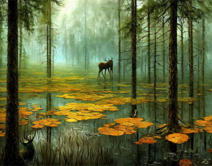 Tranquil forest landscape with stag, pine trees, mist, and lily pads