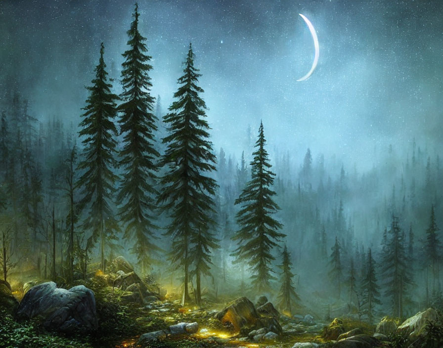 Nighttime forest scene: misty pines under starlit sky