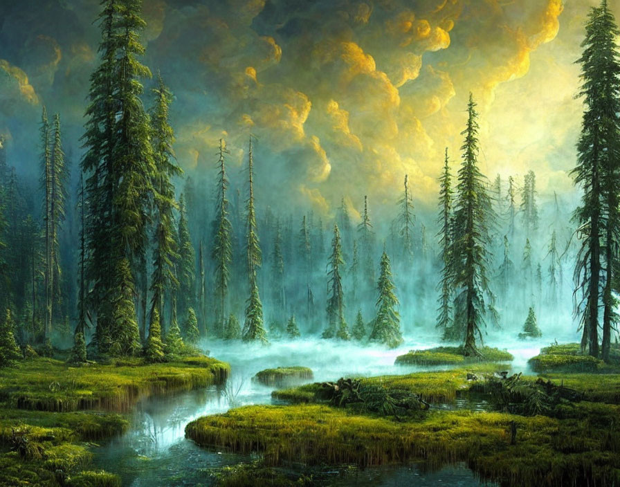 Mystical forest with towering trees, serene river, lush greenery, fog-covered landscape, dramatic