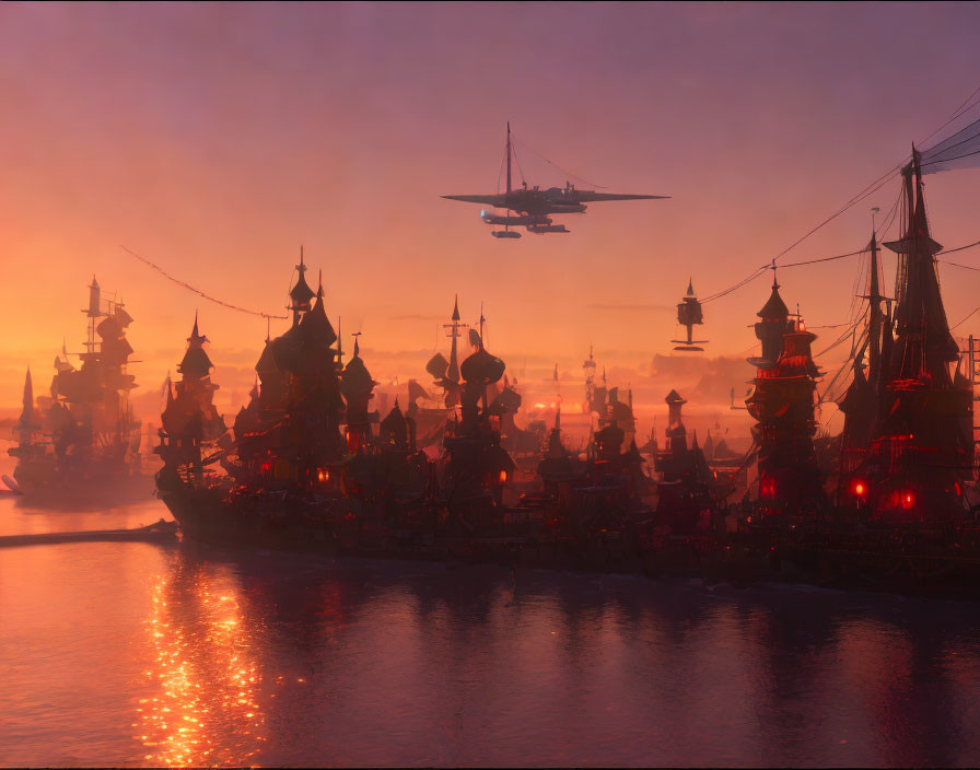 Tall ships and futuristic airships in golden sunset harbor