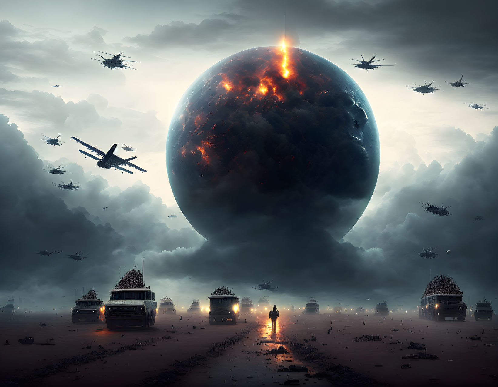 Dystopian scene with fiery planet, military vehicles, and aircraft