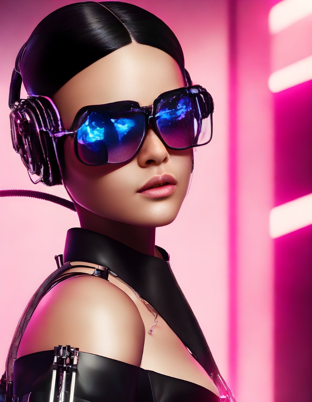 Stylized 3D rendering of female figure in black attire with sunglasses and headphones on pink neon