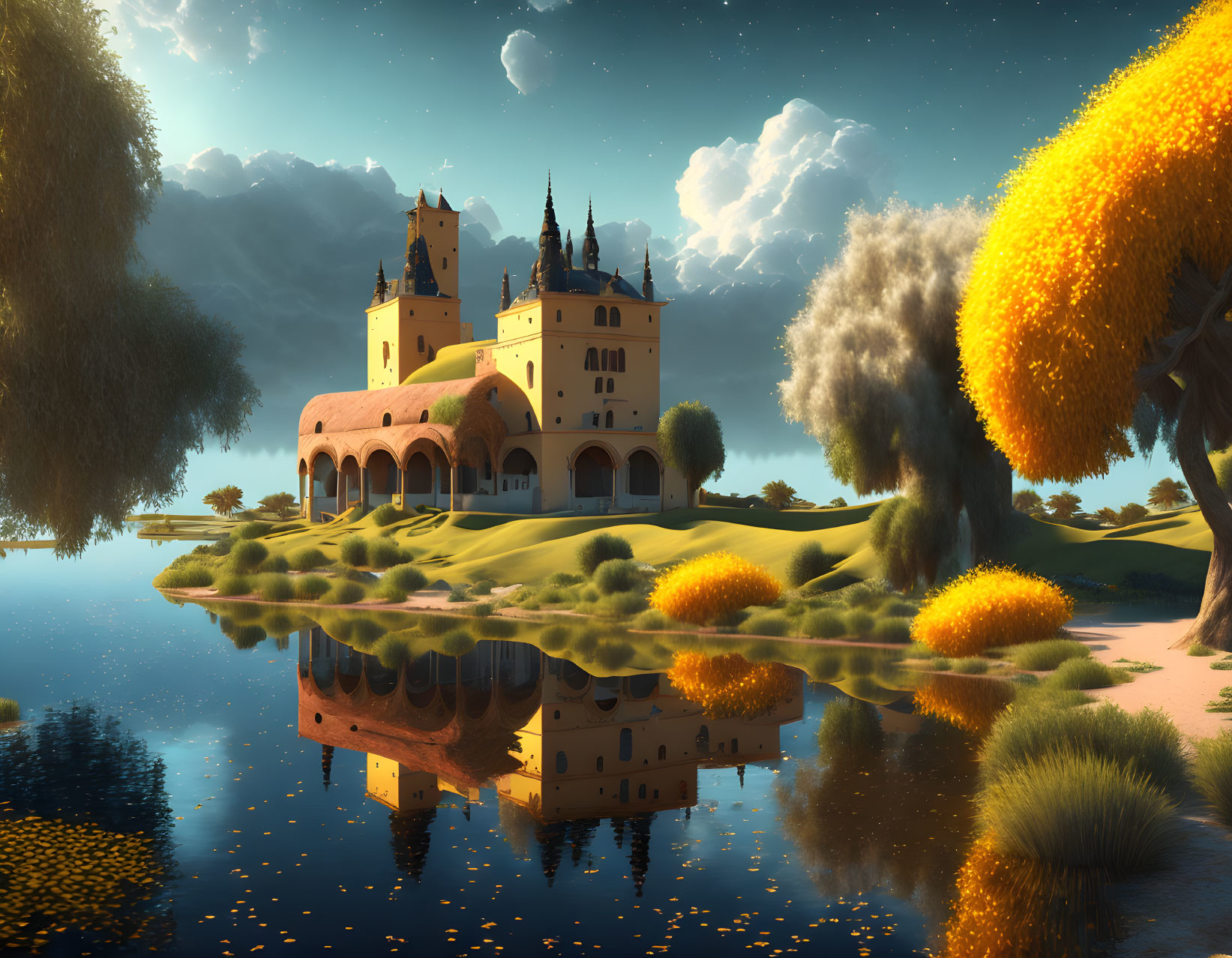 Majestic castle by calm lake under starry sky with unique yellow trees