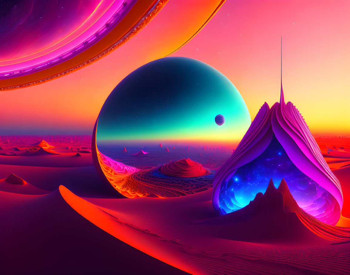 Colorful surreal landscape with dunes, neon hues, celestial bodies