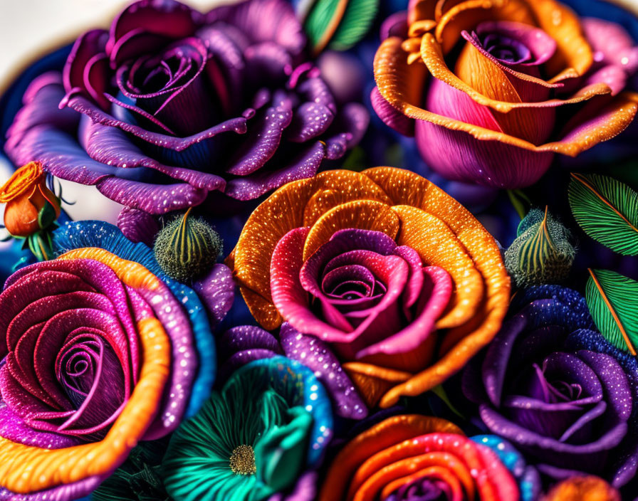 Multicolored Glittery Rose Bouquet in Purple, Blue, Orange, and Pink