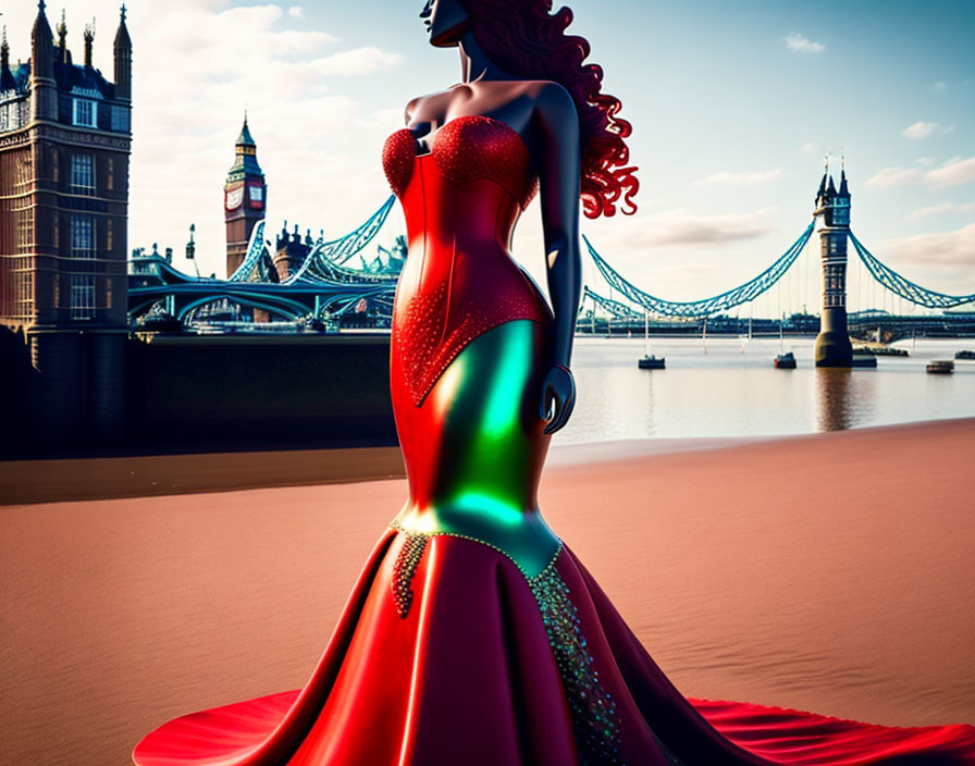 Surreal female figure in flowing red dress with Tower Bridge and Big Ben in background