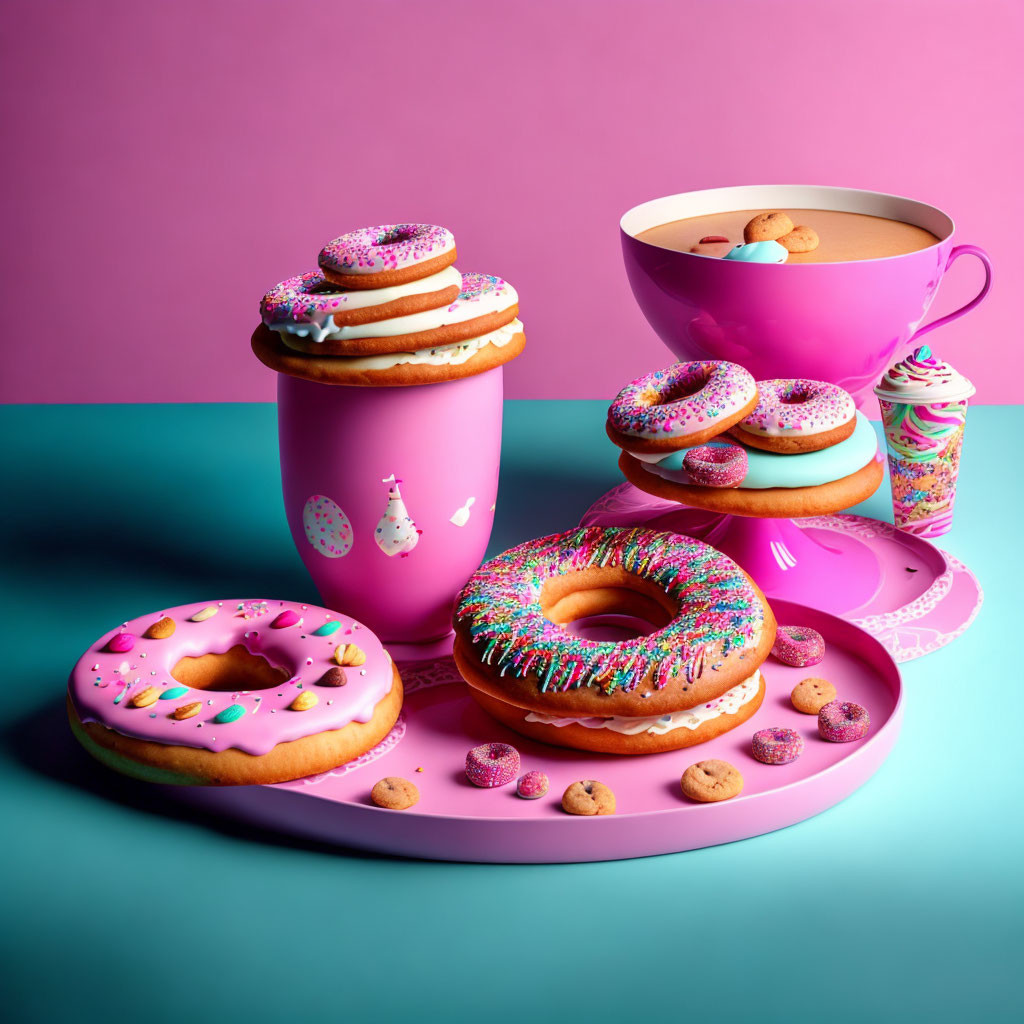 Vibrant doughnuts, cookies, cupcake, and pink cup on two-tone background