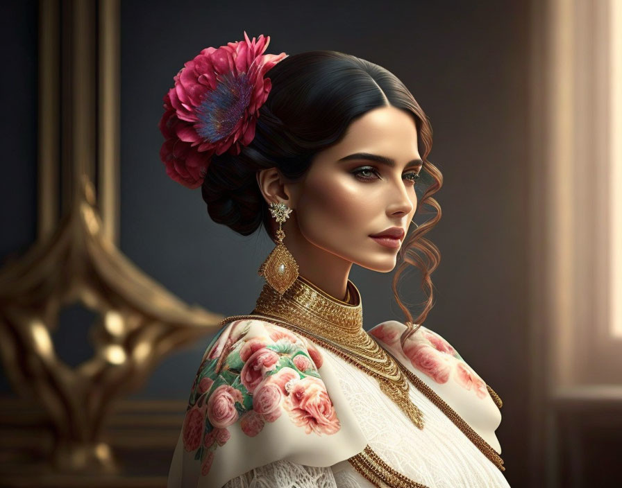 Illustrated woman with floral hair accessory and ornate earrings in elegant dress.