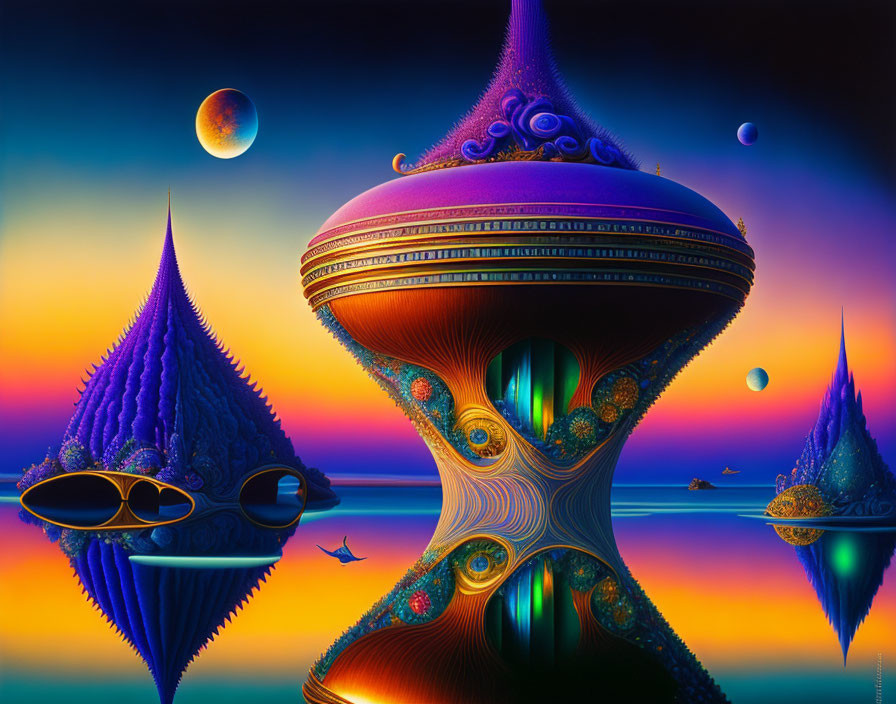 Fantasy digital artwork: surreal structures, mirrored surface, colorful sunset sky.