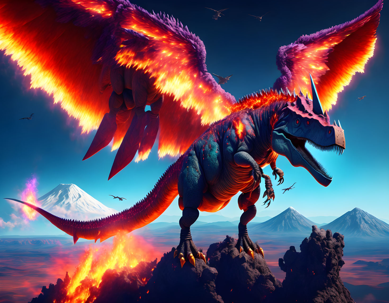 Fiery-winged dragon on rocky outcrop with vivid blue sky