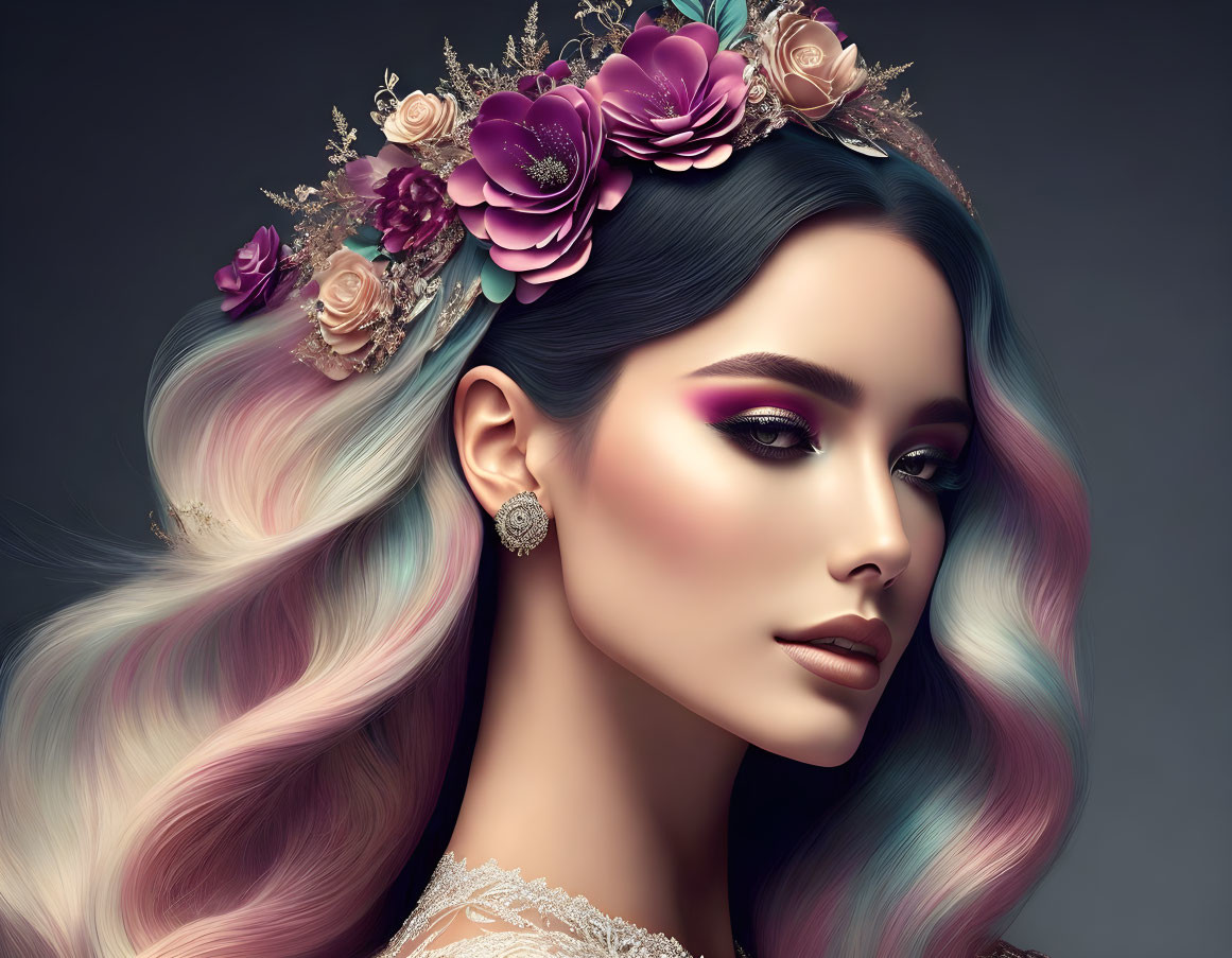 Colorful portrait of a woman with pastel hair, purple makeup, and floral accessories