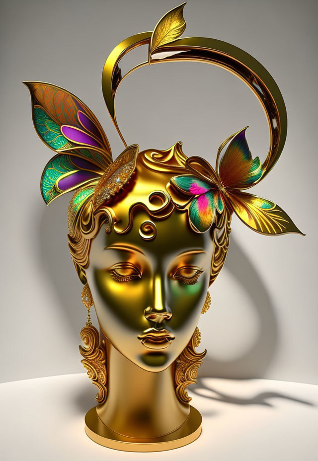 Golden head sculpture with butterfly adornments and intricate art deco and organic motifs