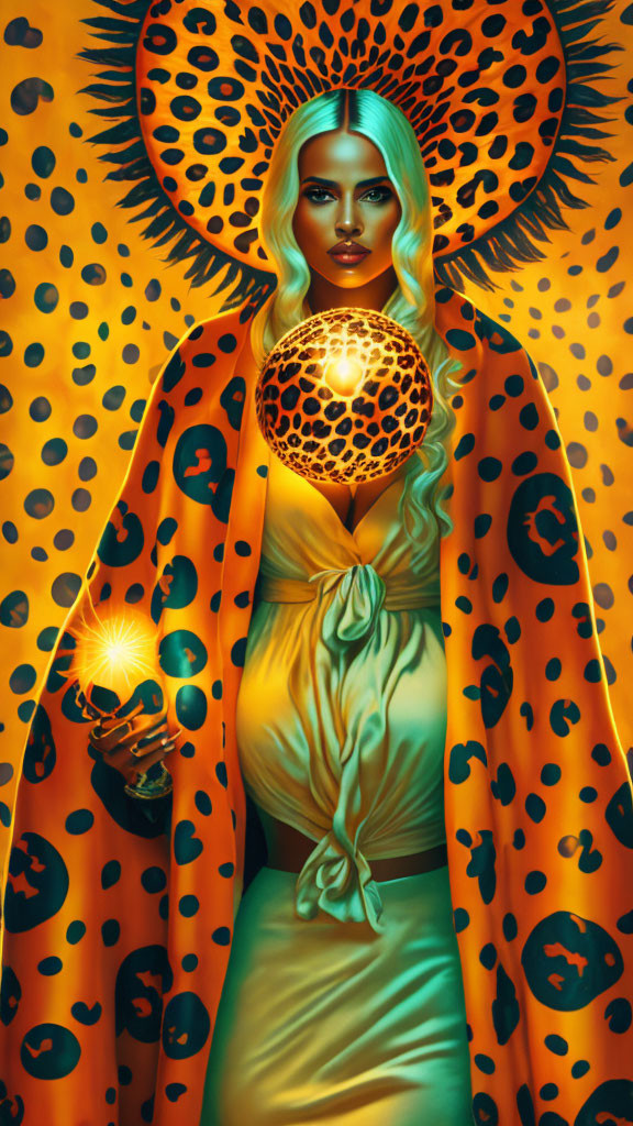 Illustrated woman with blue hair in sun-themed headdress and leopard print cloak holding glowing orb in mystical