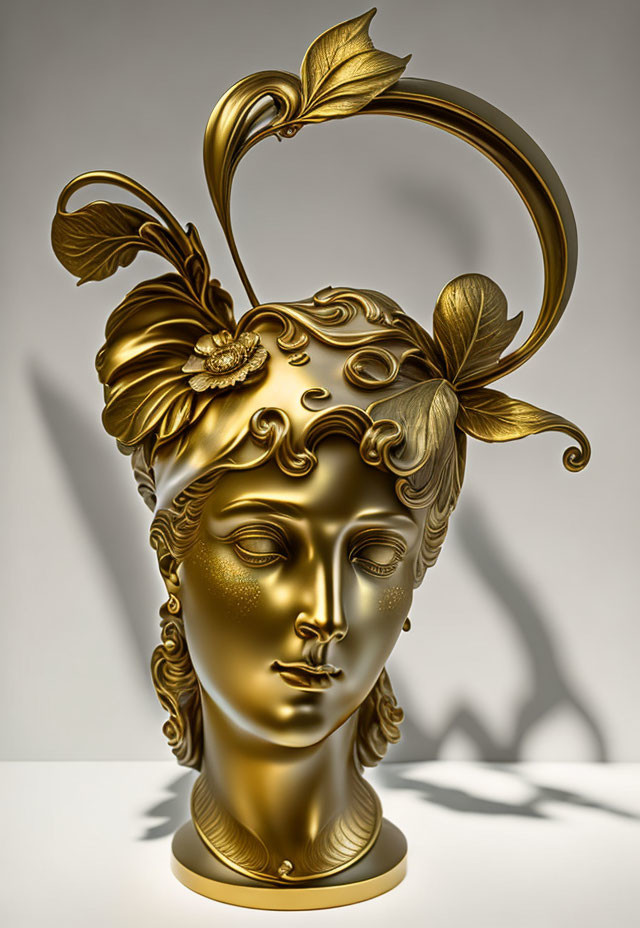 Golden sculpture of stylized female head with leafy adornments on light background