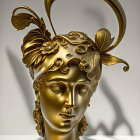 Golden head sculpture with butterfly adornments and intricate art deco and organic motifs