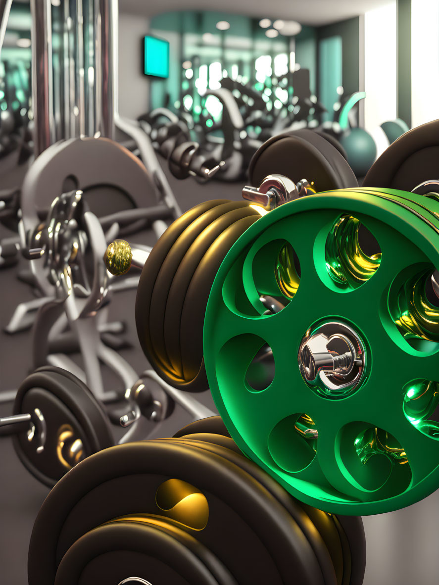 Weightlifting-focused gym with dumbbells and barbells in front of mirrored walls