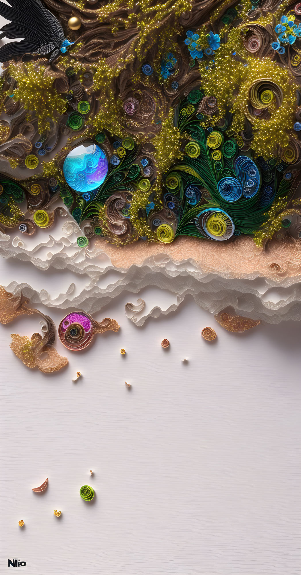 Vibrant swirling patterns in whimsical paper art landscape