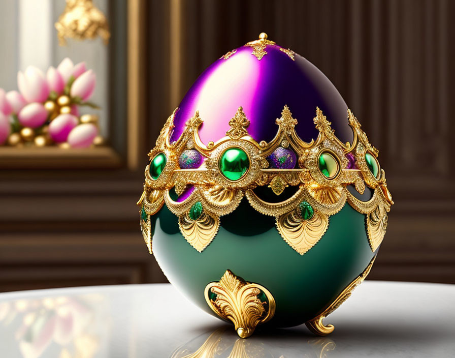 Ornate purple and green egg with gold filigree and gemstones on reflective surface