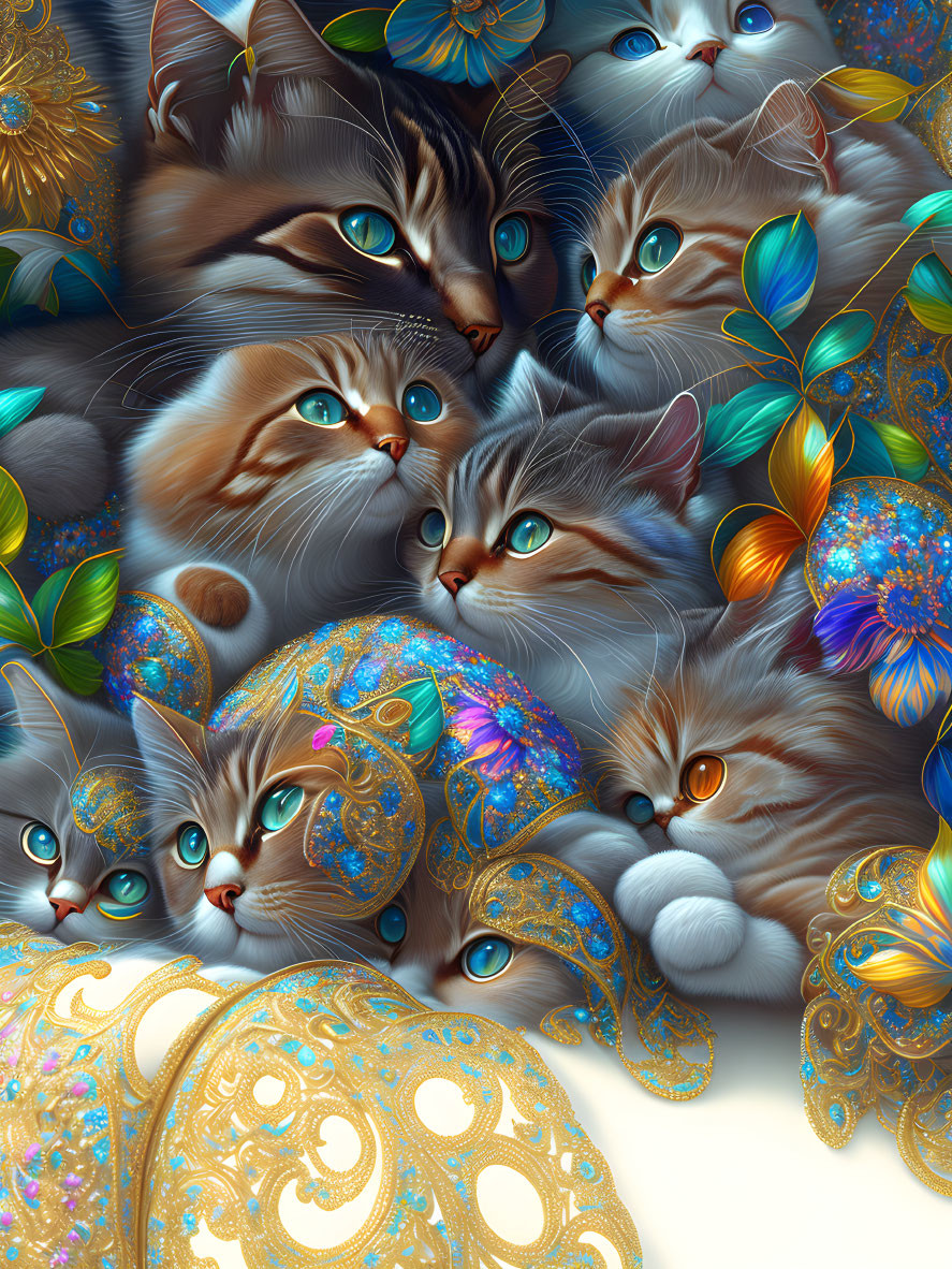 Digital art: Intricate cat patterns with jewel-toned feathers & decorations