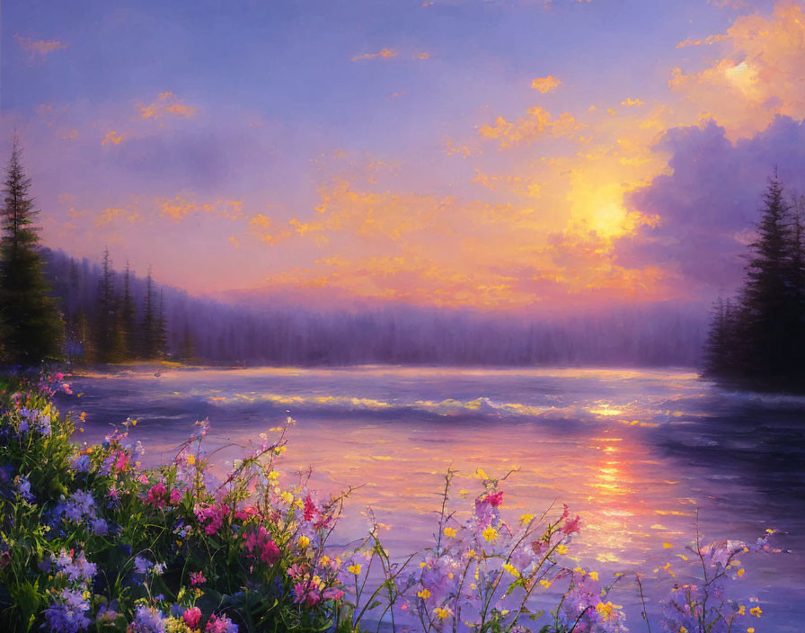 Misty River Landscape at Sunrise with Blooming Wildflowers