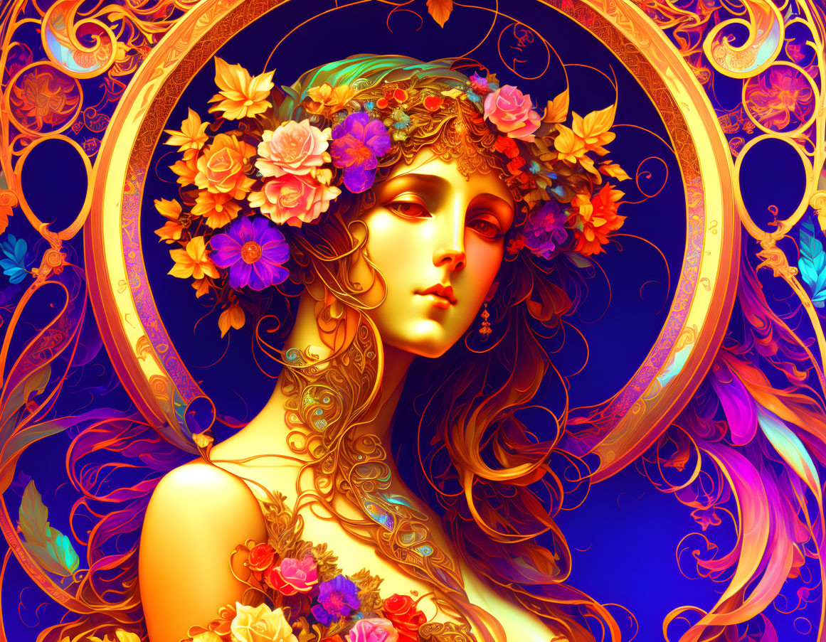 Art Nouveau Woman Illustration with Floral Headpiece and Vibrant Colors