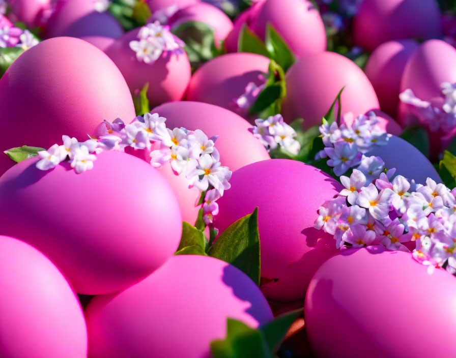 Pink Easter Eggs Among White Flowers and Green Leaves in Garden