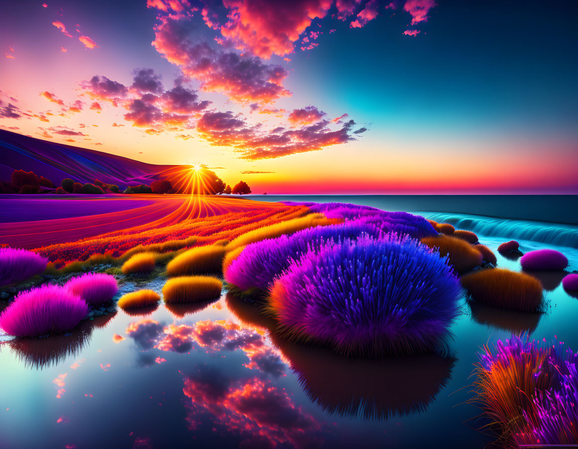 Colorful Sunset Over Surreal Landscape with Bush-like Formations