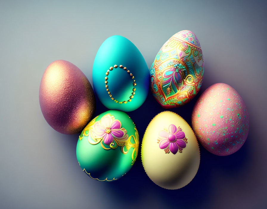 Colorful Easter eggs with decorative patterns on display