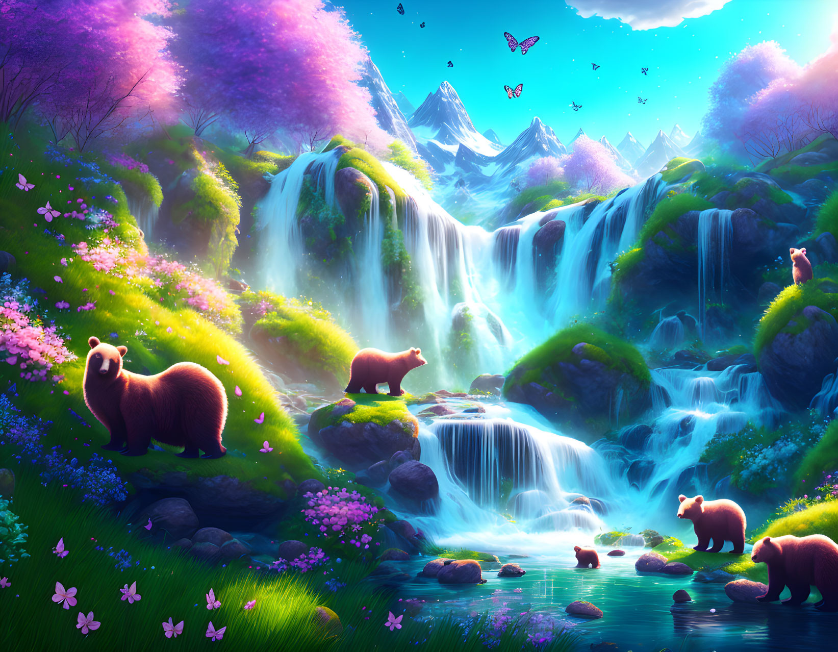 Colorful landscape with bears, waterfall, and butterflies