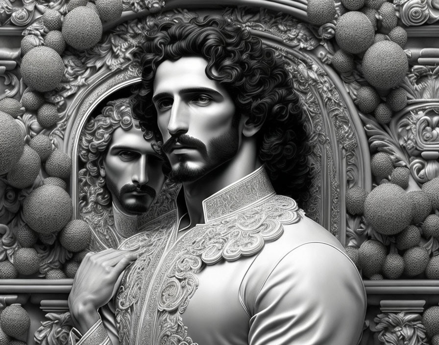 Monochromatic digital artwork of man with curly hair and beard in high-collar coat